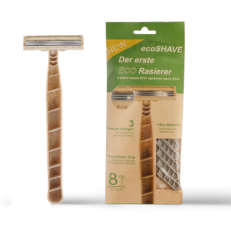

Biodegradable wheat straw handle shaving razor triple stainless steel blade eco-friendly hotel disposable razor