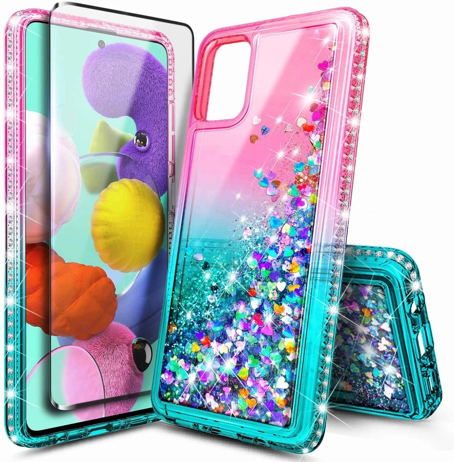 

Phone Case with Tempered Glass Screen Protector Full Coverage Sparkle Glitter Flowing Liquid Quicksand with Bling Diamond