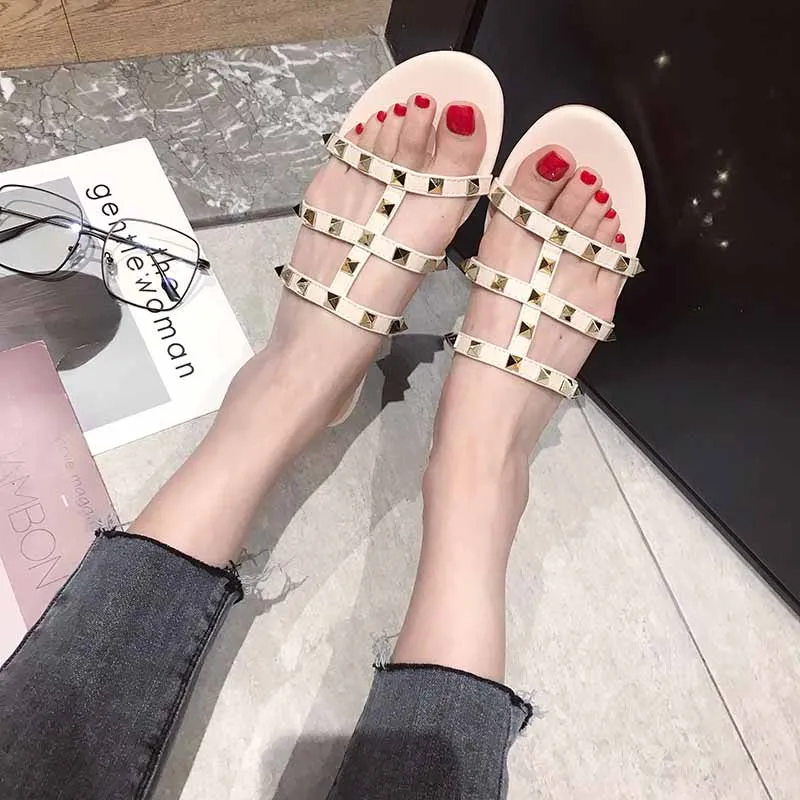 

New summer rivet women flat sandals fancy ladies sandals, White, red, black, nude color