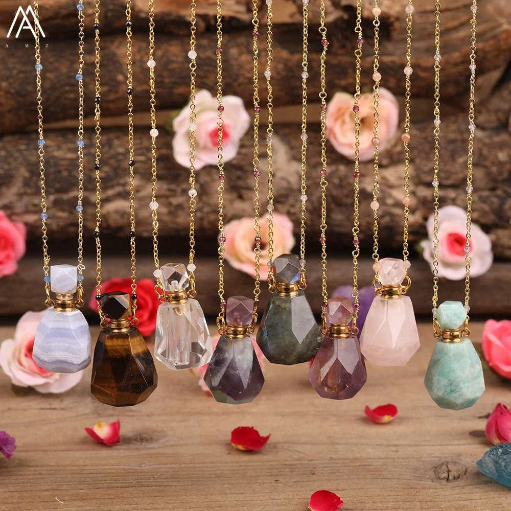 

New Arrival Variety Natural Crystal Faceted Stone Healing Gold Rosary Chain Necklace With Perfume Bottle, As picture