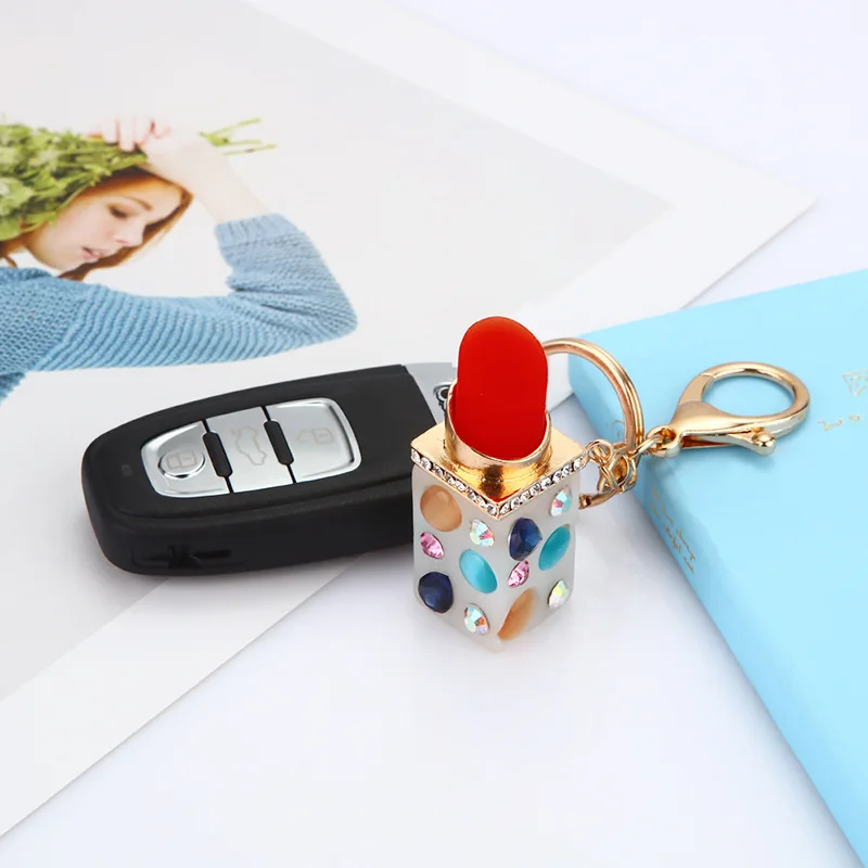 Crystal Cute Lipstick Makeup Keyring Rhinestone Charm Pendant Keychain Christmas Gift For Girl