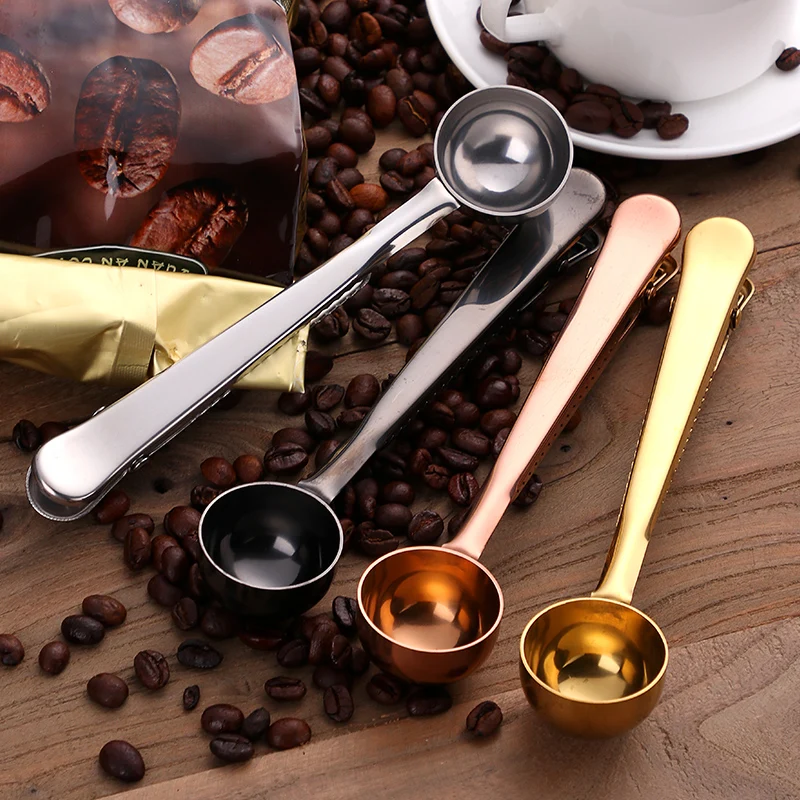 
Metal Coffee Spoon with bag clip gold 2 in 1 coffee scoop wedding door gift 