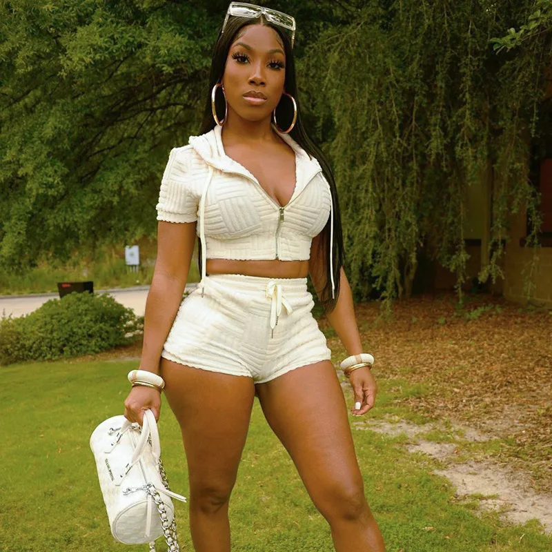 

Hooded Zipper Short Sleeve Elastic Waist Shorts Sports Casual Two Piece Set