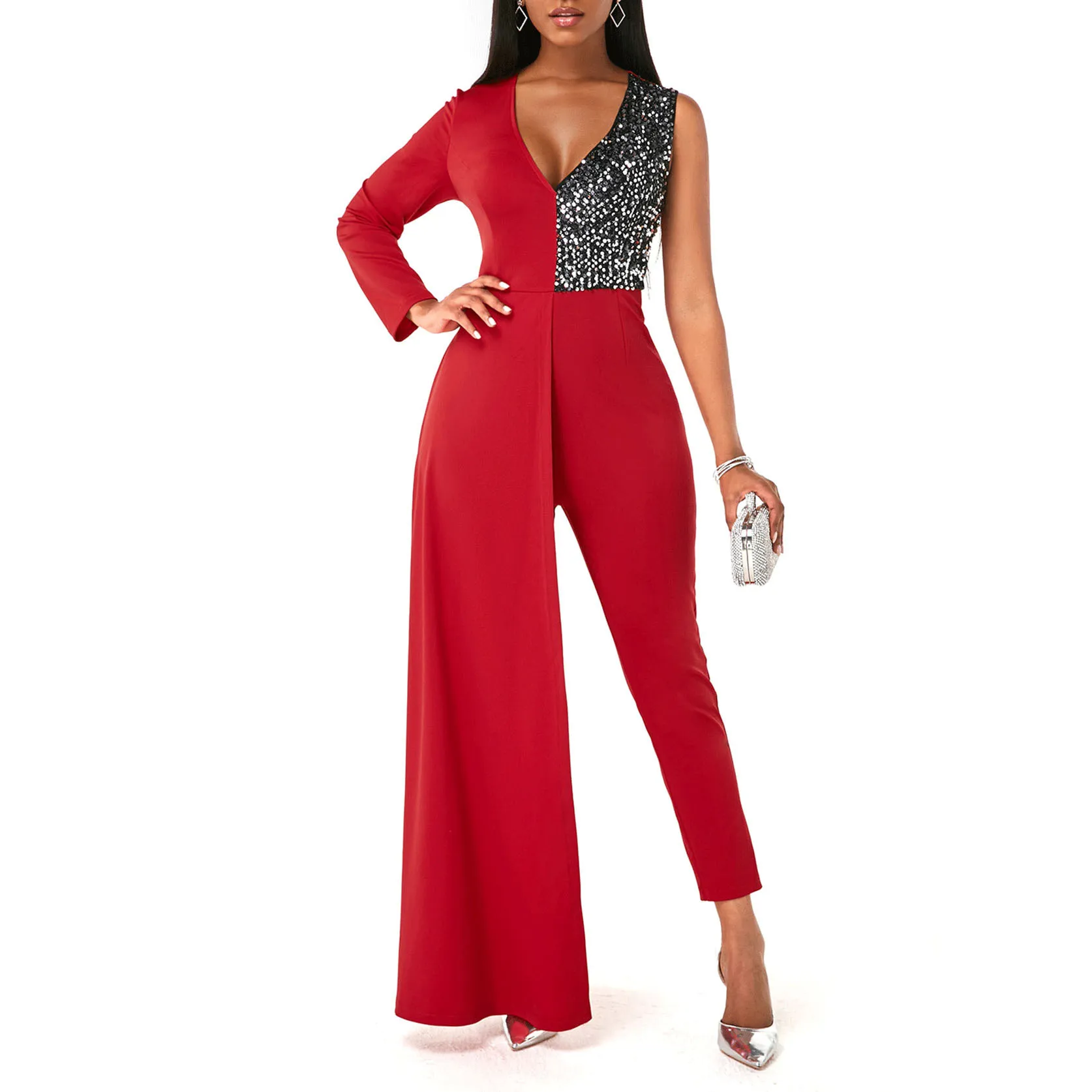 

Fashionable Designer  Sparkly V Neck Sexy Party Bodycon Jumpsuits One Piece Jumpsuit Elegant Women