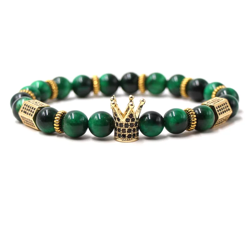 

WIIPU New high quality tiger eye golden crown bracelet natural stone round beads elastic rope men and women bracelets