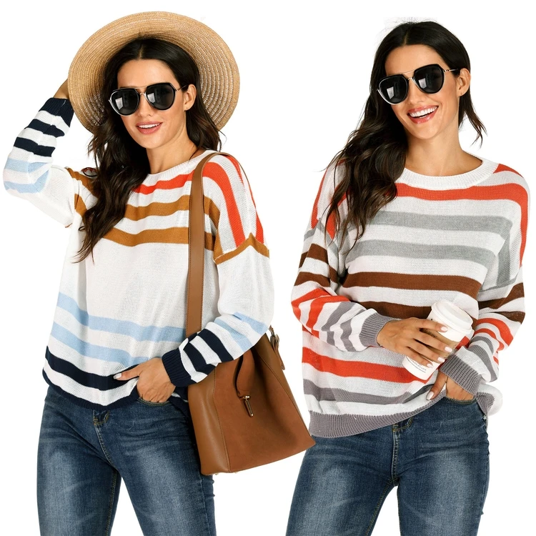 

Women's Long Sleeve Crew Neck Striped Color Block Casual Loose Knitted Pullover Sweater Tops, Red, khaki, green, black, pink,yellow, white, blue, gray, skin, coffee