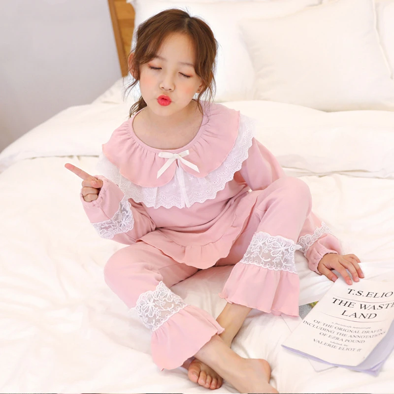 

2020 Amazon Wish INS Hot Sale 100% Cotton Girl Pajamas Lace Spring Autumn 2 Pcs Set Sleep Clothes Children, Pink,light bule