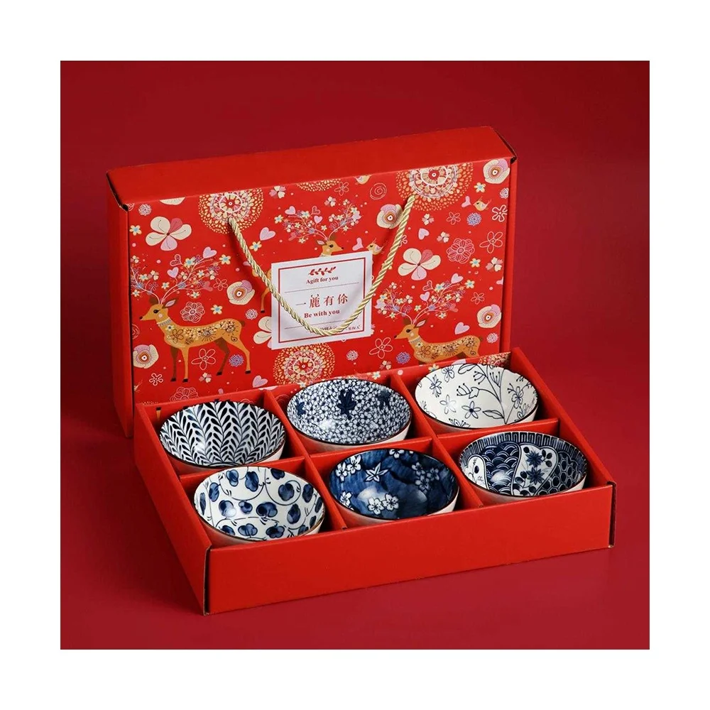 

6-piece ceramic bowl tableware with colorful gift box 4.5 inch coconut bowl Chinese style exquisite premium business red gift