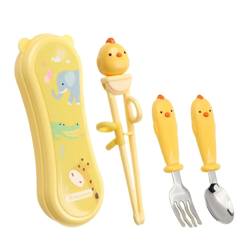 

Children Kids Beginner Training Helper Chopsticks Set Early Learning Toy Feeding Supplies Spoon Fork Chop Sticks Holder, Yellow pink