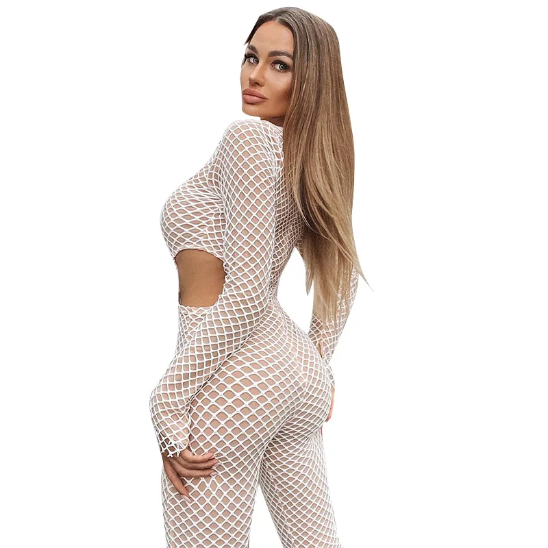 

2021 New Arrivals Sexy Round Neck Waistless Long-Sleeved Slim-fit Hollowed Foot Net Jumpsuit Women, As pics