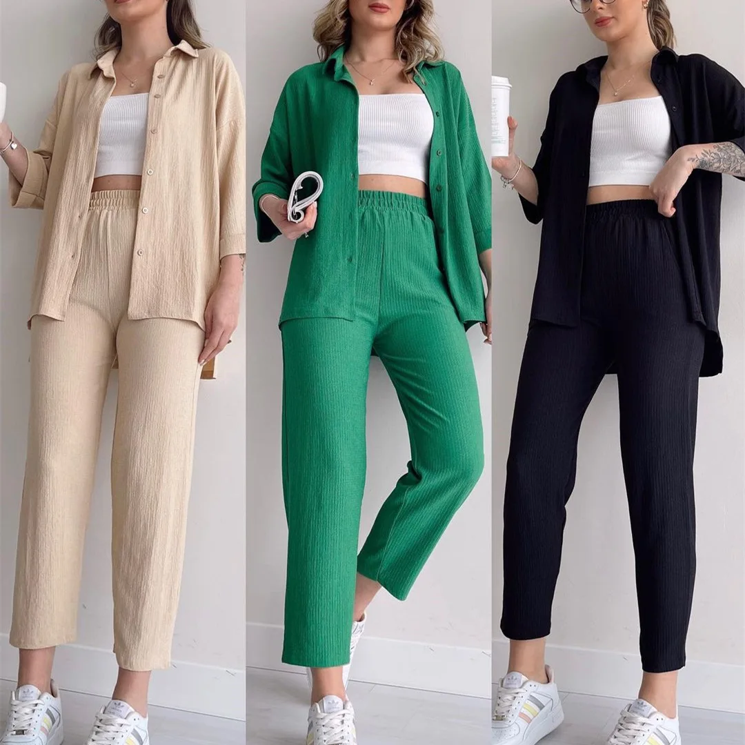 

Stylish Casual Autumn Shirt High Waisted Pencil Pants Suit Loose Casual Sports Women 2-piece Set