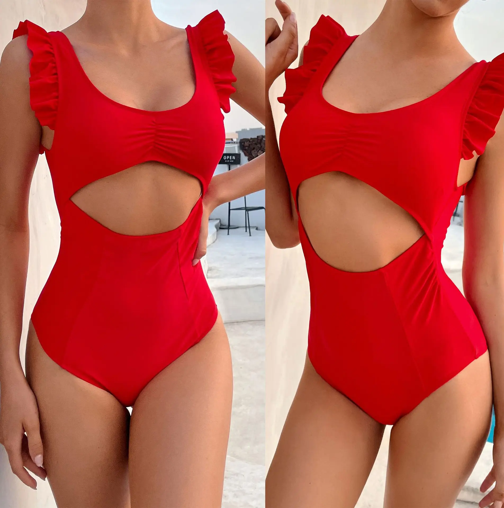 

New Style Ruffled Cutout Round Neck Solid Bathing Suits WomenSwimwear Set