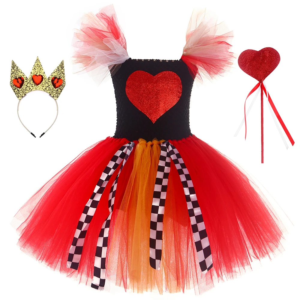 

Ouheng Kid Clothing Cosplay The Queen Of Hearts Girls Dresses 212 Set With Crown And Scepter, As picture shows