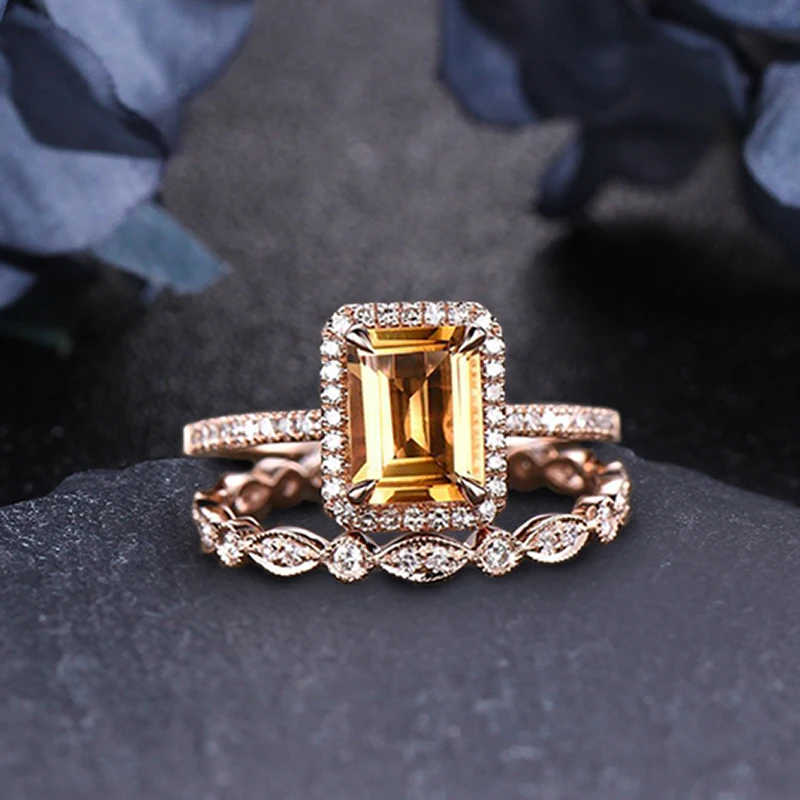 

14k Solid Gold 1.5Ct Emerald Cut Natural Citrine Engagement Ring Set Luxury Trendy Elegant Jewelry Wedding Ring Set