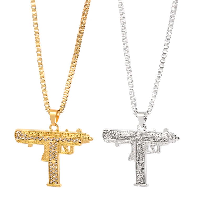 

Fashion Uzi Gun Pendant Necklace Gold Silver Full Crystal Bling Chain Hip Hop Cyclist Accessories Male Necklace