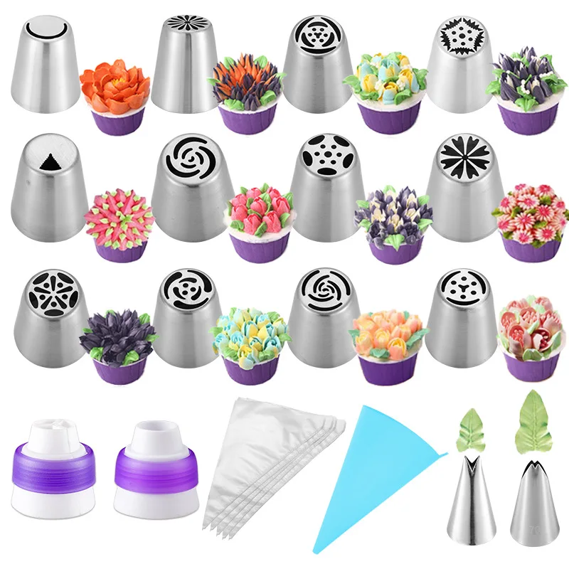 

27PCS Russian Pastry Nozzles Stainless Steel Icing Piping Tips With Piping Bag of Cake Cupcake Decorating Kit, As picture