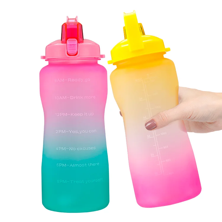 

In Stock Amazon Hot Selling 2 Liter 64 Oz Sport Gym Straw Motivational Water Bottle With Time Marker, Customized color