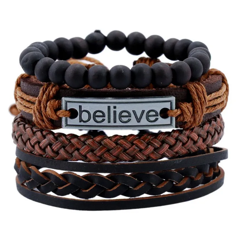 

4pcs/set Mens Believe Multilayer Leather Wrist Bracelet Adjustable Braided Leather Bracelet, As picture