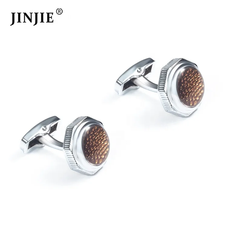 

High quality qctagon shape silver plated inlay brown carbon fiber cufflinks