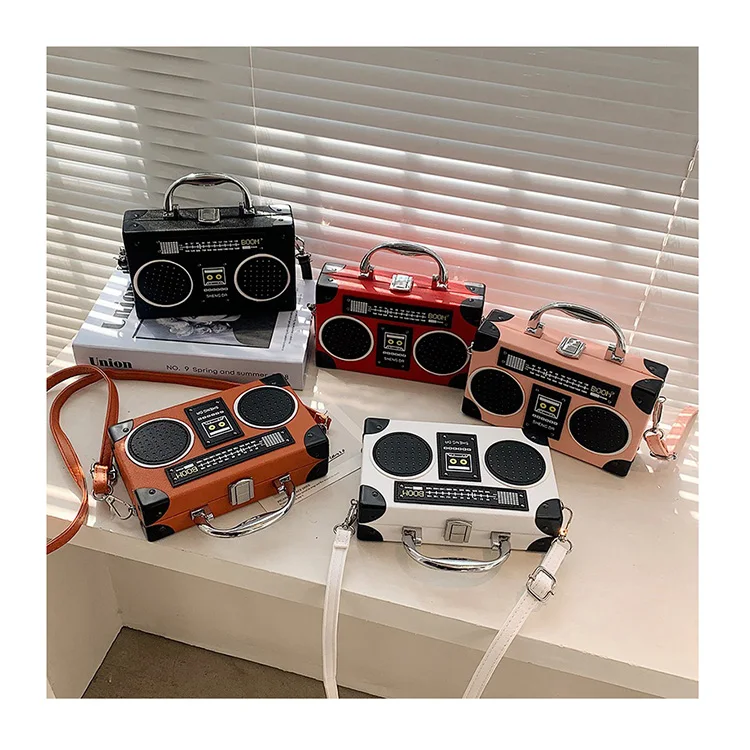 

Retro Old-fashioned Radio Box Bags Personality Funny FM Stitching Printing Female Messenger Bags Metal Handle Small Handbags
