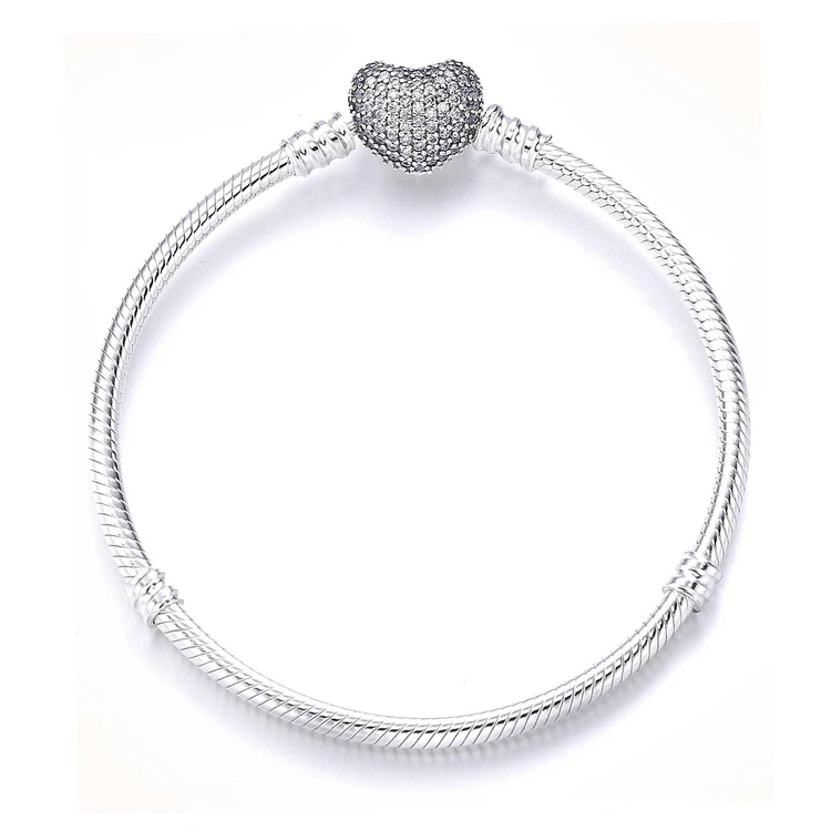 

Wholesale famous brands moment sparkling heart clasp snake chain bracelet, Silver color
