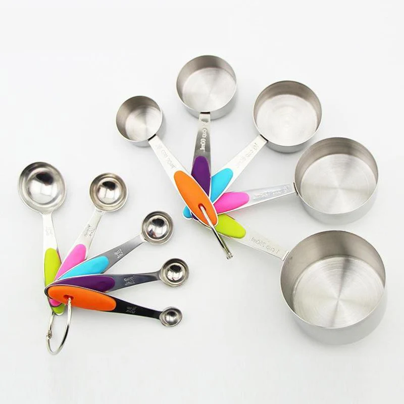 

10Pcs Stainless Steel Measuring Cup Measuring Spoon Measuring Spoon Set with Silicone Heat Insulation Pad Kitchen Accessories, As photo