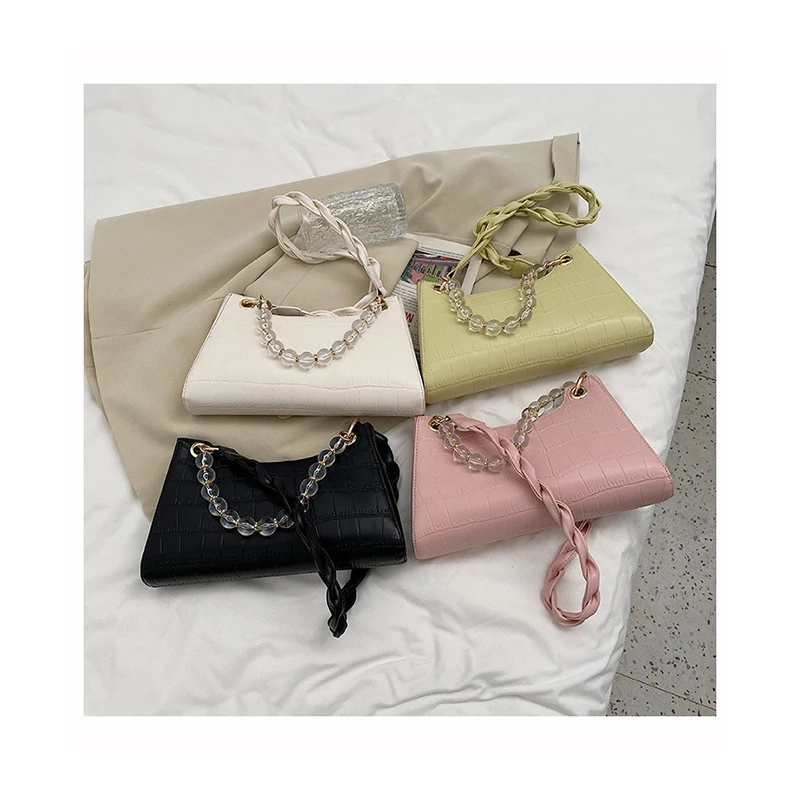 

New Fashion Crocodile Pattern Handbags Women Pearl Triangle Bags PU Leather Diagonal Span Bag Vintage Knot Underarm Bags Purses