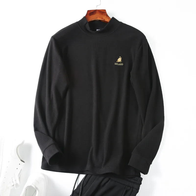 

Winter simple solid color half high collar plus velvet warm bottoming shirt high quality men's casual long-sleeved T-shirt