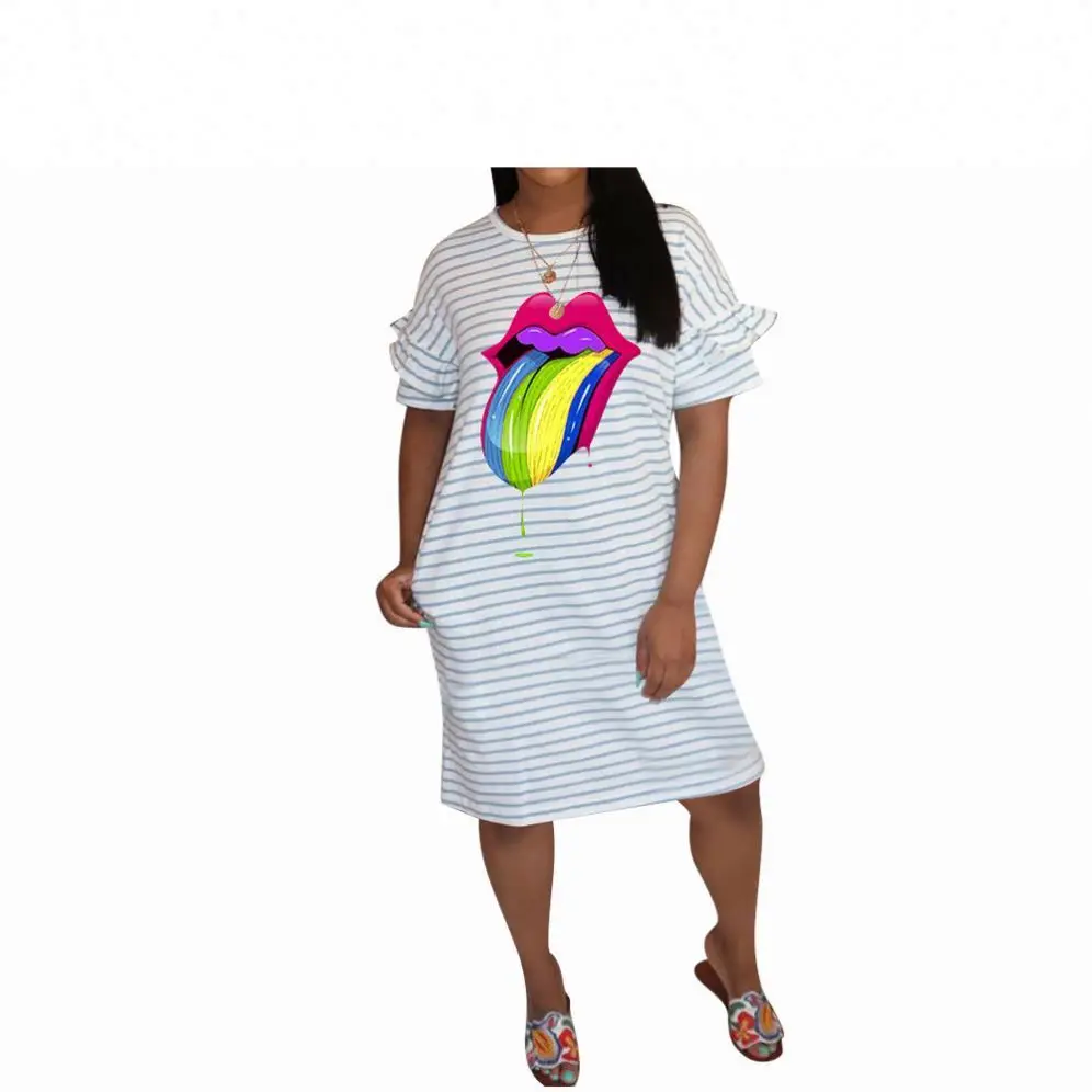 

2020 Ladies Modern Women Striped Color Short Sleeve Casual Midi Dress