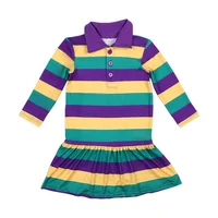 

Mardi Gras Colorblock Striped cotton Dress Long Sleeve baby girls kids children boutique ruffle Polo Shirt Dress