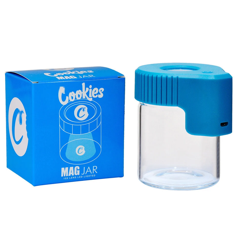 

Custom Printed Smell Proof Weed Stash Storage Cookie Weed Container Air Tight Magnifying Weed Glass LED Jar