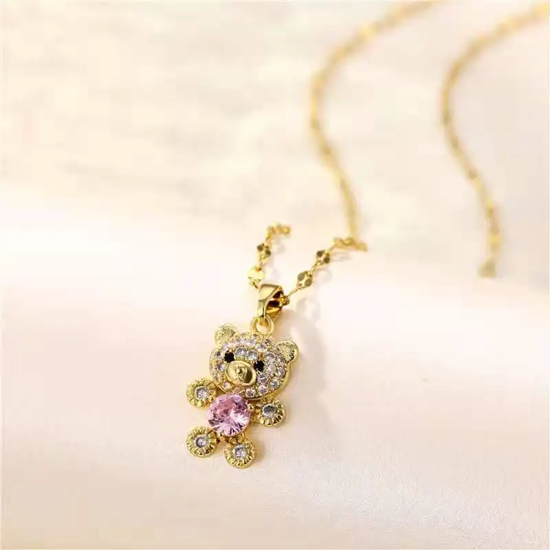 

Titanium steel gold plated jewelry fashion crystal love heart teddy bear necklace for women