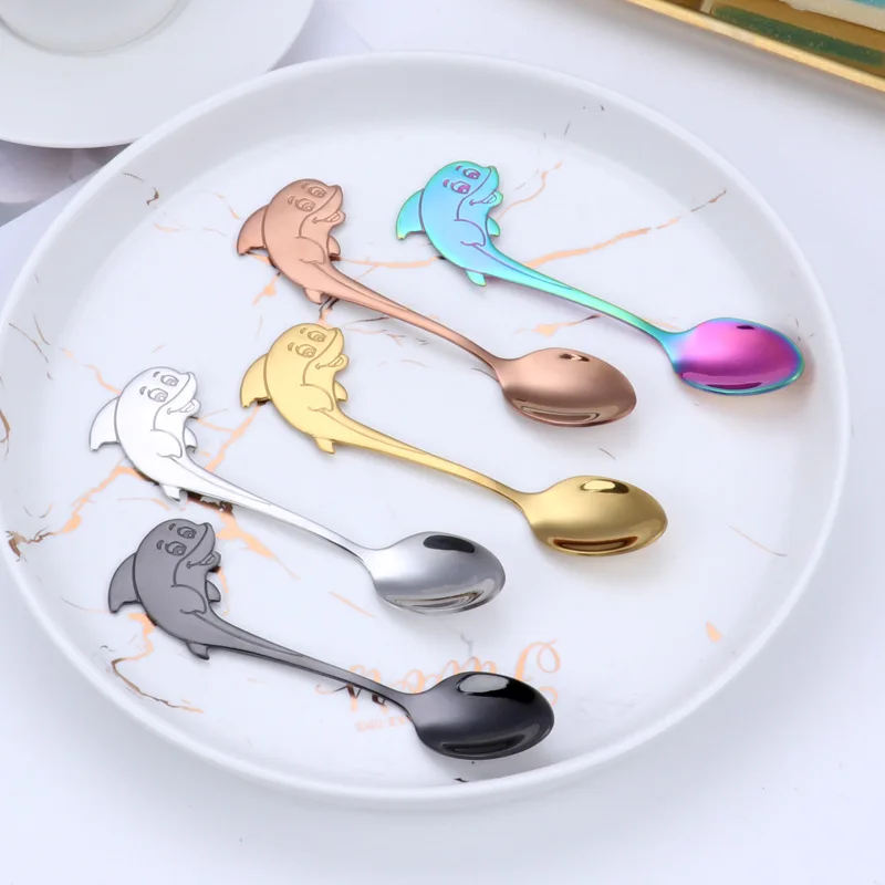 

Cute Cartoon Dolphins Stainless Steel Handle Hanging Tea Coffee Spoon Ice cream spoon Cutlery Tableware, Gold/sliver