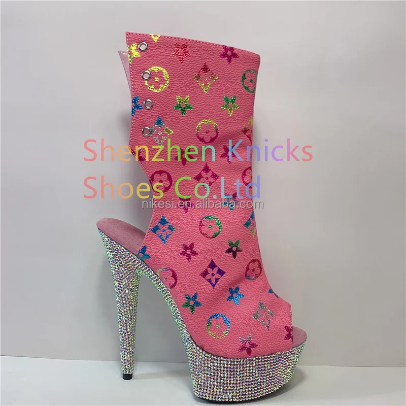 

6inch-15CM Heel Back Lace-Up Ankle Boot Featuring the Entire Platform Embellished with Diamond- Shaped AB Rhinestones, Black/beige/dark red/brown/any color