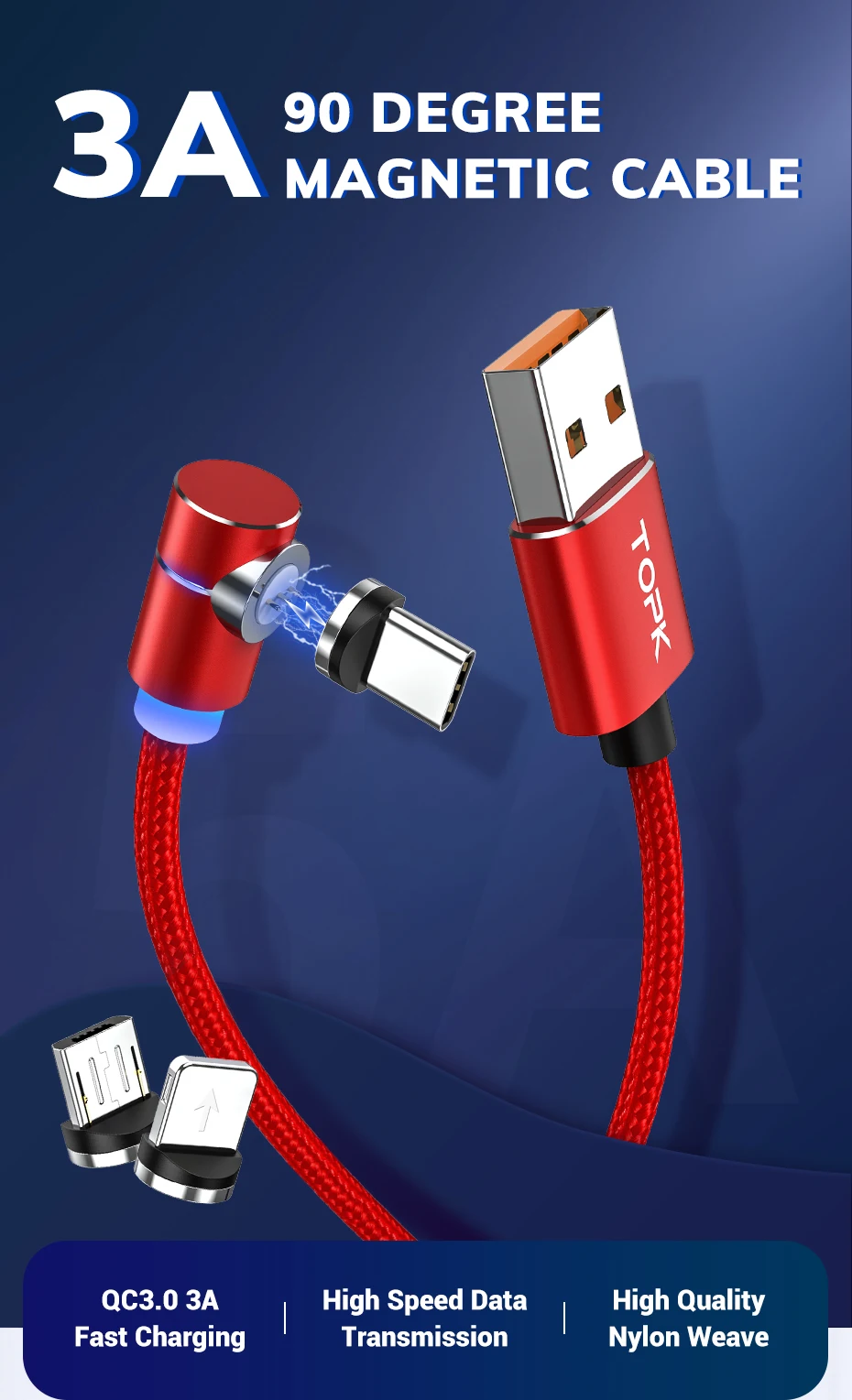 TOPK 5 A 3In 1 Usb Charging Cable 540 Degree Rotate Flexible Magnetic Usb Phone Cable - ANKUX.COM