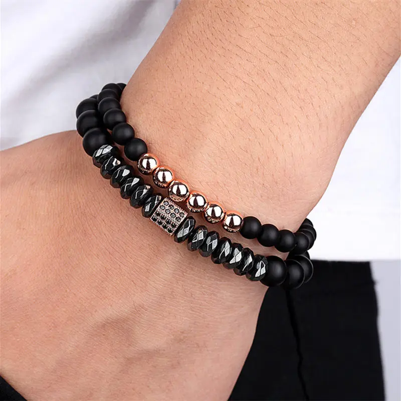 

Made In China Handmade Classic Elastic Bracelet For Men High Quality Black Mat Natural Stones Bead Bracelet Fashion Jewelry