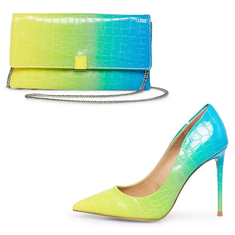 

Shoes and bags set 2020 new arrival womens pumps trend dress shoe high heels sexy female crocodile pattern pumps, Green