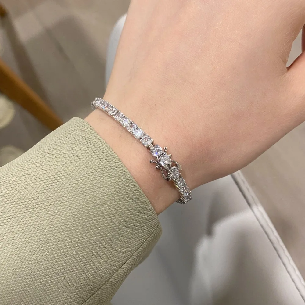 Rhodium Plated 4mm Round 5A Cubic Zirconia bracelet Classic Tennis Bracelet bangle 925 Sterling Silver Bracelets for Women