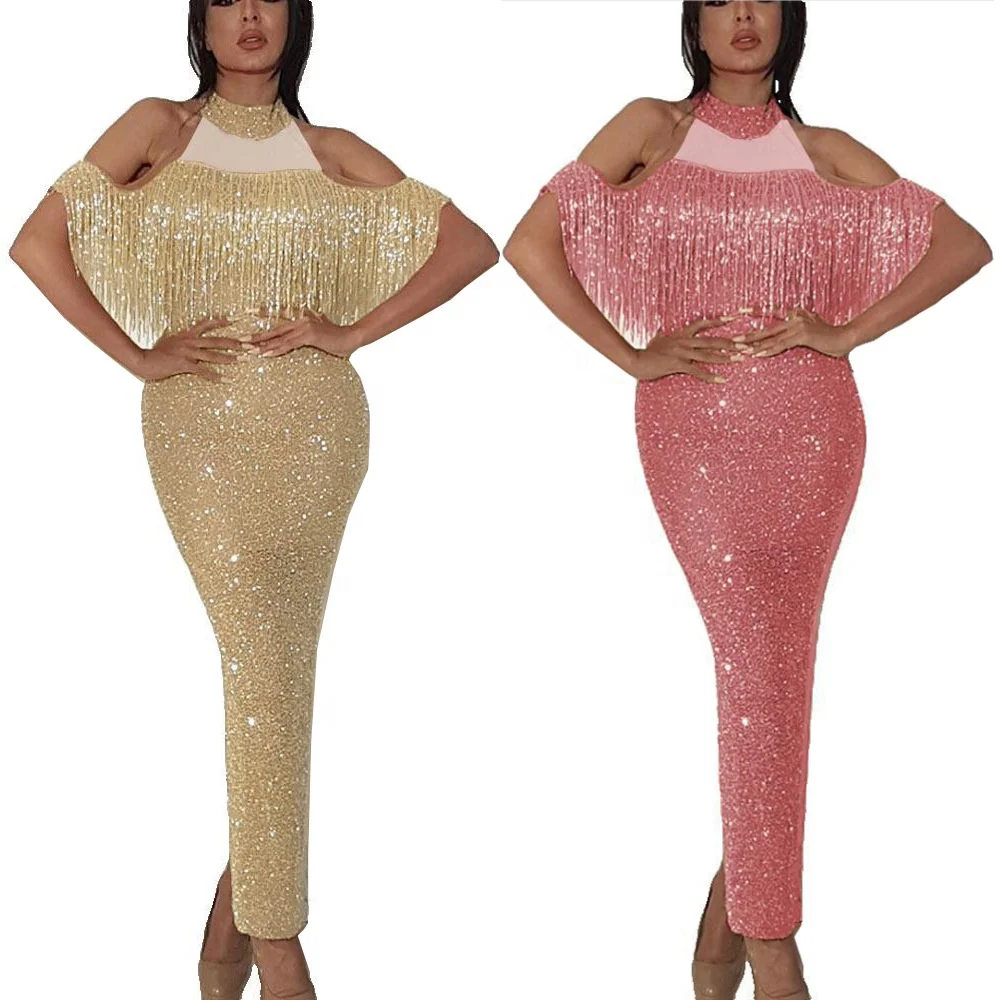 

B24247A Stitching gauze package hip dress women's sparkling tassel elegant dinner dress, Pink, gold, silver, gray