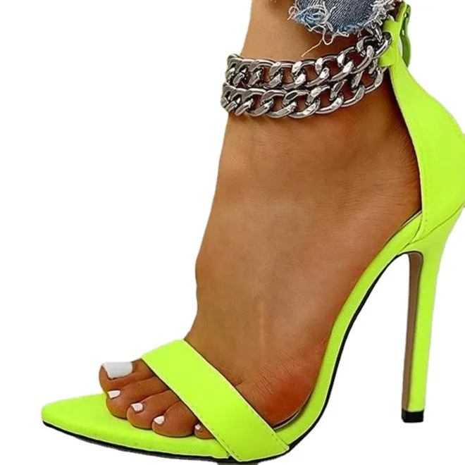 

Hot Sale Sexy Pointed Toe Chain Fluorescent Sandals Women Design Ladies Shoes Stiletto Thin High Heels Girls Pumps Shoes, Green,leopard,zebra