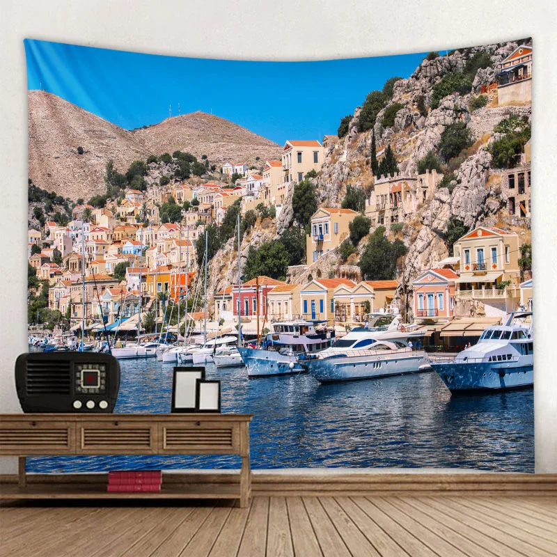 

Seaside Cliff City Tapestry Wall Hanging Seaside Scenery Wall Tapestry Outside of Balcony Tapestries for Bedroom Living Room, Customized color