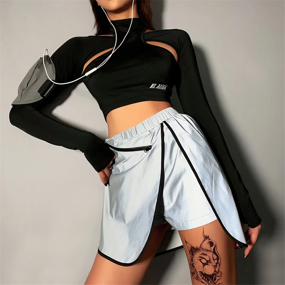

KL ALIEN reflective letter print long sleeve t shirt women turtleneck hollow out fitness crop tops womens gym workout clothing