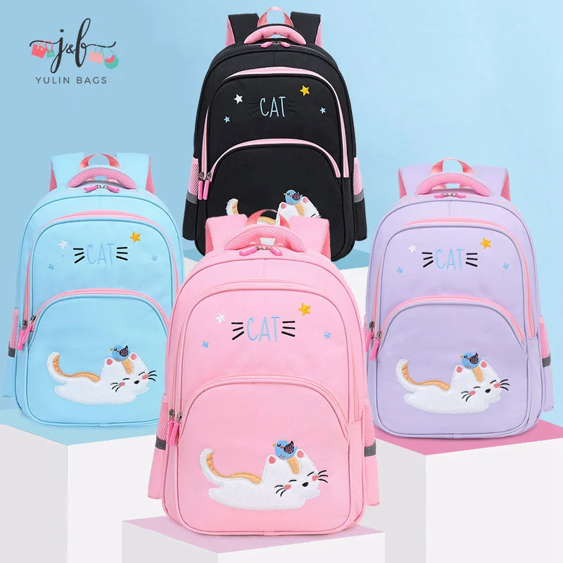 

New 2021 embroidery kids school bags for student Cute cat Primary school students backpack wholesale