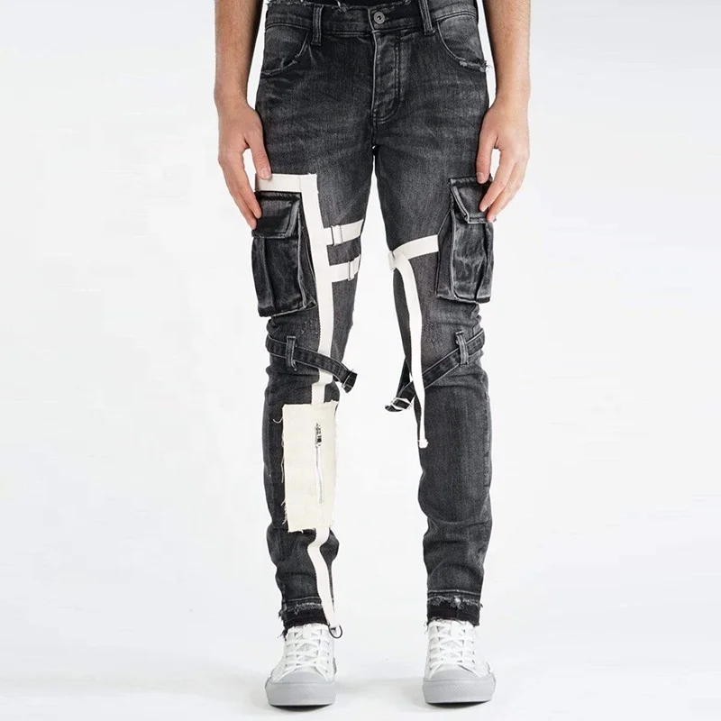 

YUEGE Custom Style Jean For Man Ribbon Around Multi-Pocket Zipper Denim Jeans Men
