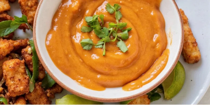Homemade Thai peanut satay sauce poured over skewers