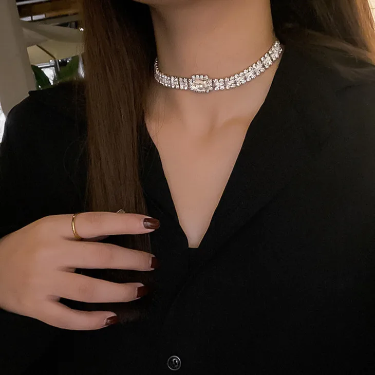 

Bling bling square crystal small necklace charms cz chain choker necklace women