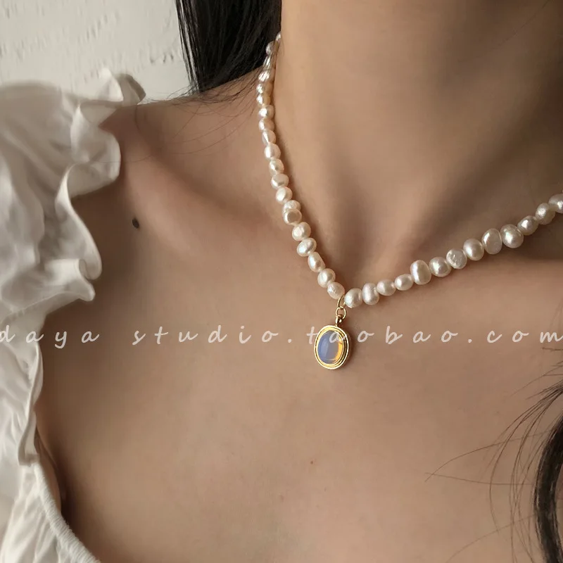 

Natural Pearl Necklace Moonstone Pendant Baroque Retro Super Beautiful Exquisite Refined Grace Choker All-Matching