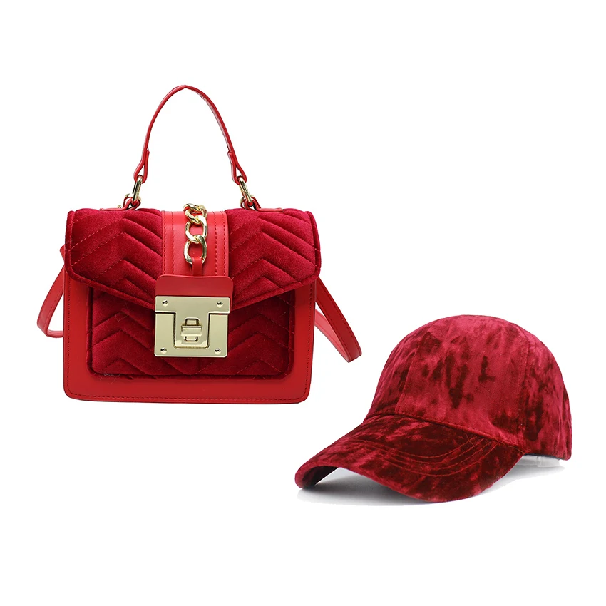 

All-Match Velvet Underarm Bag And Hat Trendy Chain Crossbody Shoulder Handbags Set, 8 colors