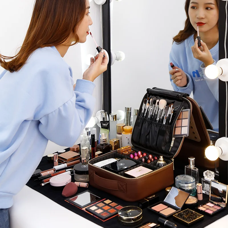 

Rownyeon Amazon Hot Sale Best Custom Logo Makeup Case Portable Cosmetic Organizer, Brown