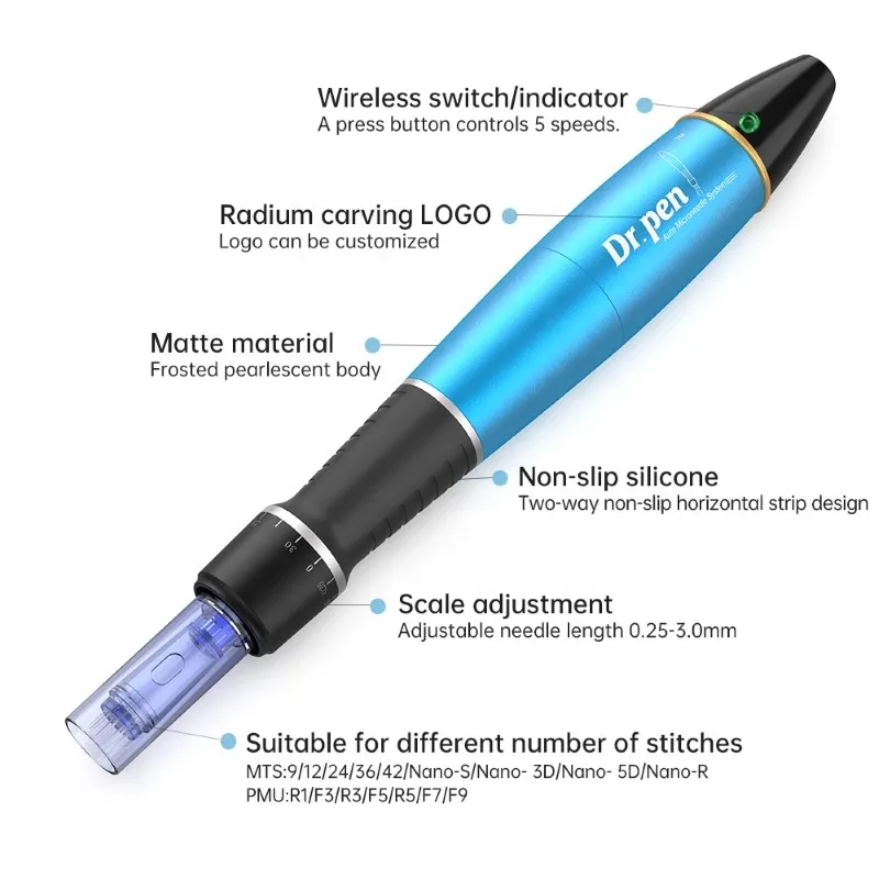 

Rechargeable Microneedling Derma Pen Derma Roller Pen Ultima A1 Microneedle, Silver and blue